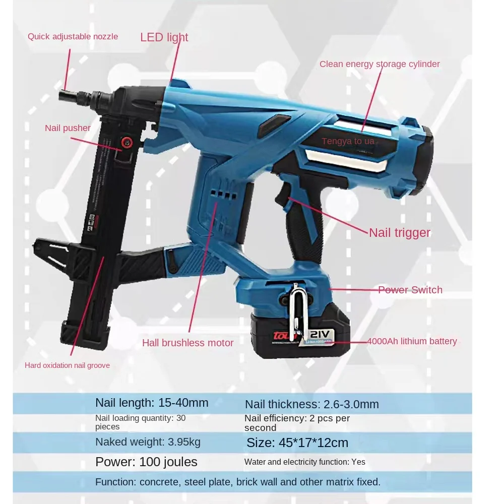 DCCN40 Electric Steel Nail Gun  Woodworking Nail Gun Steel Nail Gun Rechargeable Door And Window Nailer Nail Gun 20V/4Ah 100J