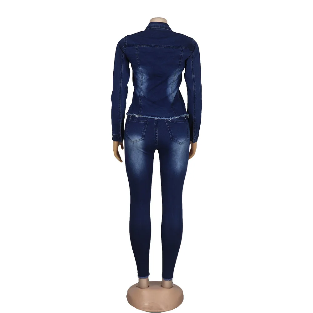 Denim Hole Slim Pencil Pant Sets Tracksuit Women Jeans 2 Piece Set Casual Turn Down Collar Long Sleeve Jacket Coat Outfits Vesti