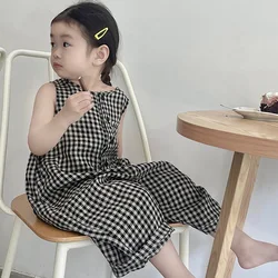 Girls Casual Black and White Plaid Suspender Jumpsuit Summer Fashion Round Neck Overalls loose Long Pants Children's Clothing