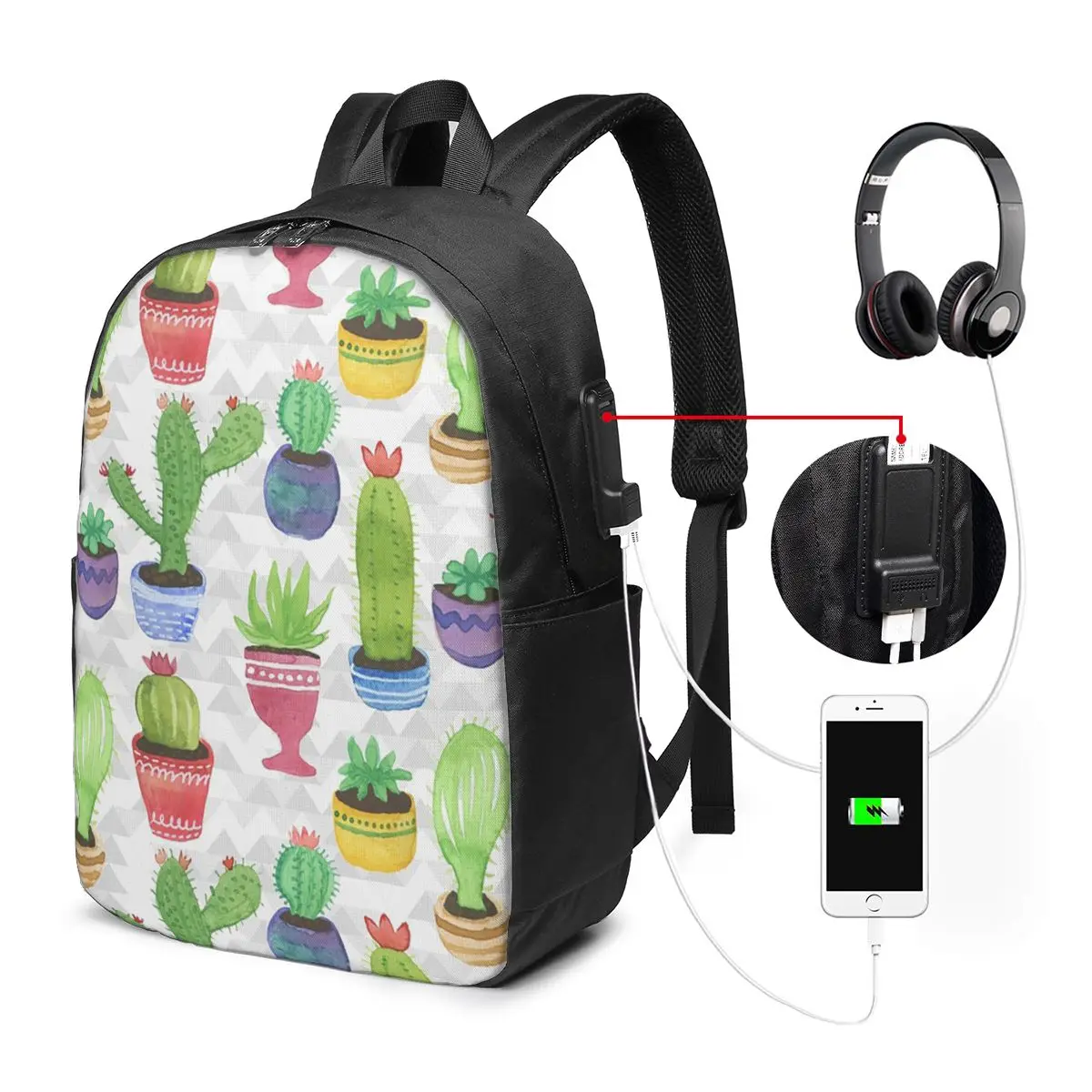 Succulent Plant Potted Watercolor Painting Backpack Travel Notebook Bag Computer College Student School Bag Laptop Shoulder Bags