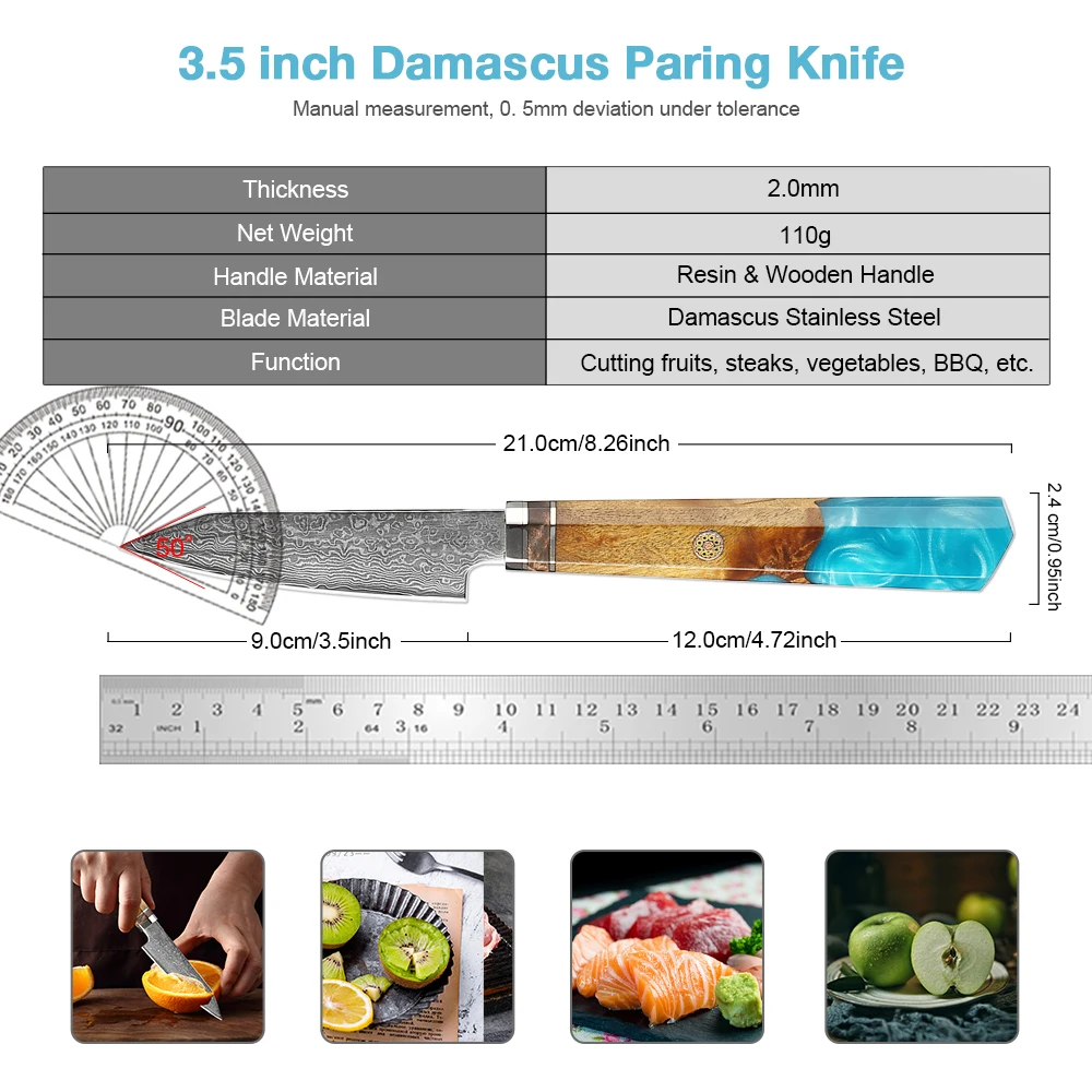 Damascus Paring Knife Fruit Knife 4 Inch Pro Kitchen Knife Japanese Damascus Steel Fruit Carving Knife Resin & Wood Handle