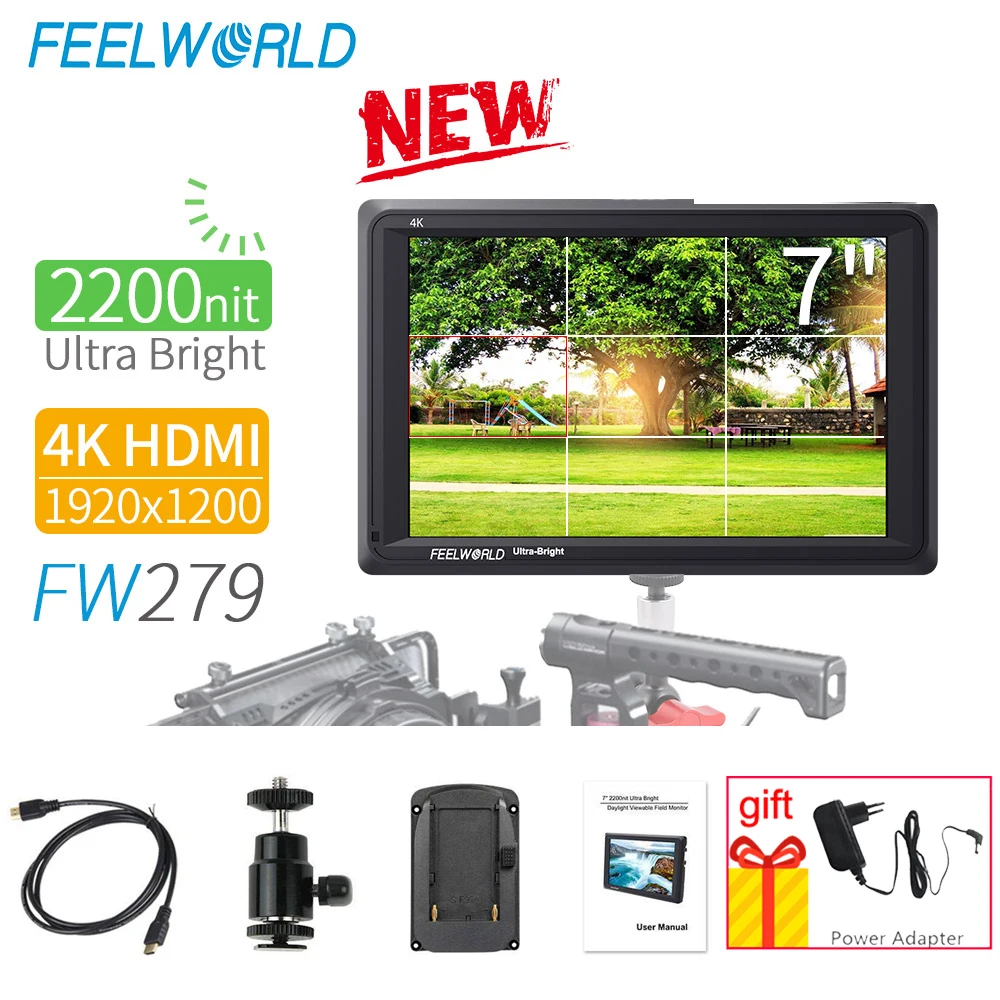 FEELWORLD FW279 7 Inch Ultra Bright 2200nit Monitor Full HD 4K 1920x1200 HDMI High Brightness with NP750 Battery + Charger