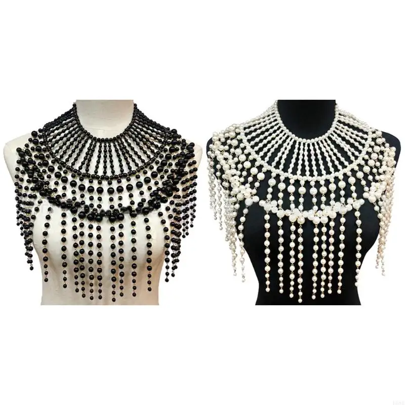 H58E Exaggerated Layered Jewelry Shoulder Body Chain Harness Imitation Pearl Beaded Fringed Tassel Bib Choker Necklace Wedding