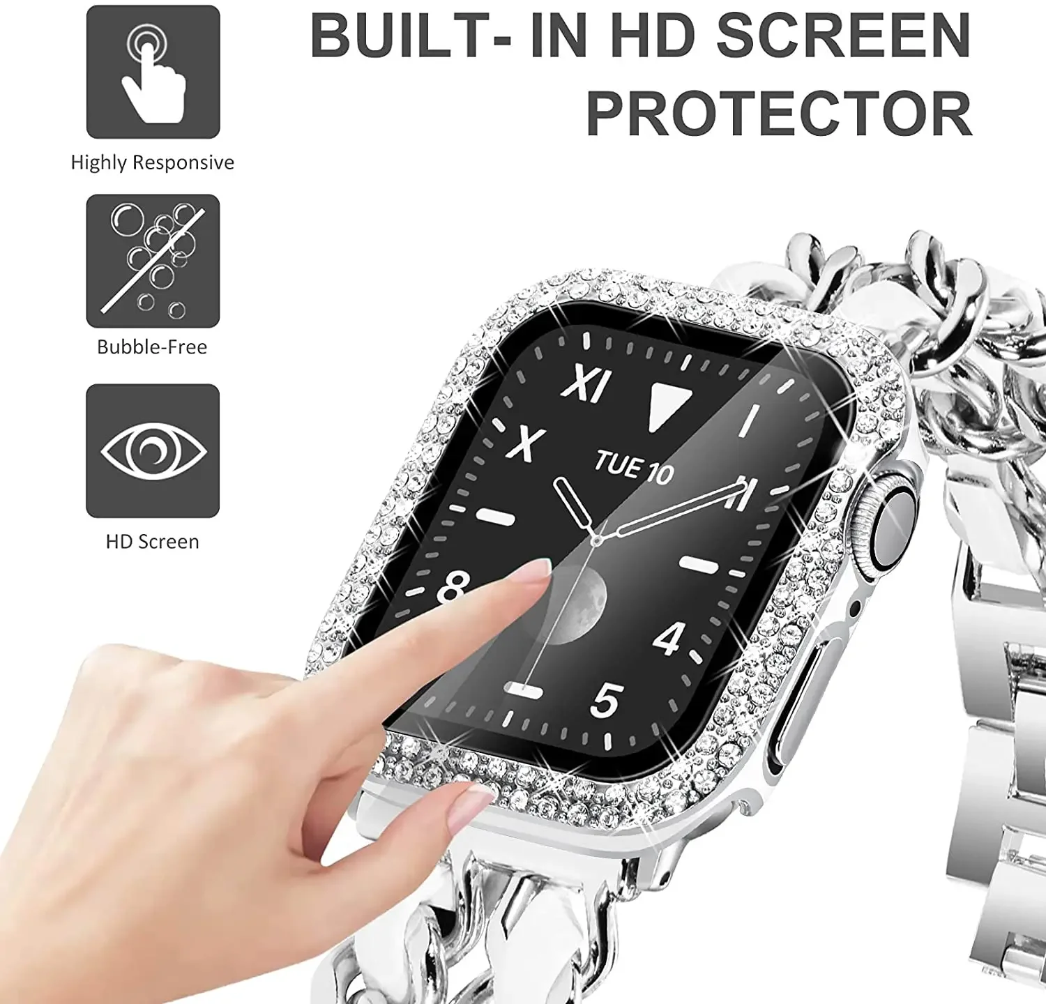 Diamond + Tempered Film Case for Apple Watch 9 8 7 45mm 44mm Glass Protective Cover for IWatch 6 5 4 3 SE 41mm 40mm 42mm Shell