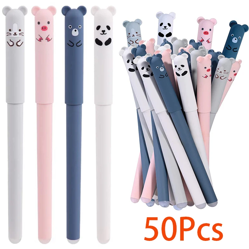 50Pcs Erasable Pens Cute Cartoon Animal Rollerball Pens Erasable 0.5mm Ink Gel Pens Stationery Office Supplies Gift