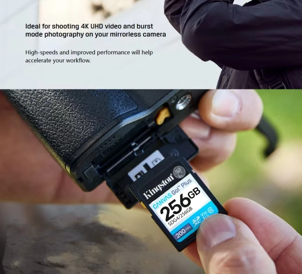 킹스톤 SDG4 메모리 카드 64GB 128GB 256GB DSLR 미러리스 카메라 및 4K 비디오용 최대 읽기 속도 200MB/s