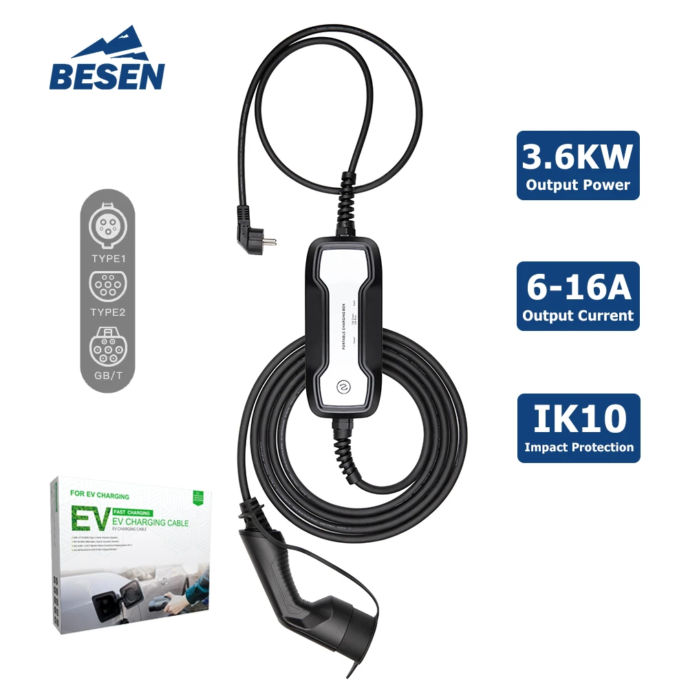 BESEN 220V 240V CARREGADOR EV PORTÁTIL 16A 3,7kW CAIXA DE CARREGAMENTO com plugue Type1 ou Type2
