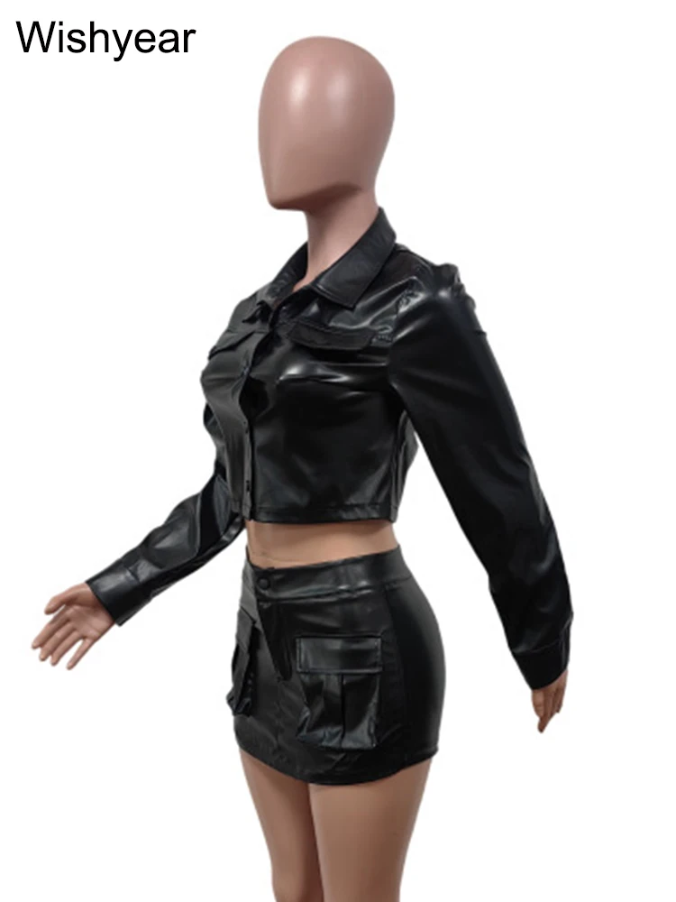Sexy Club Dance Midnight Bar Outfits Women PU Faux Leather Long Sleeve single-breasted Crop Jacket and Shorts Skirts 2 Piece Set
