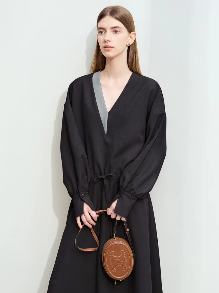 AMII الحد الأدنى فساتين الركاب النسائية اللون الربط الخامس الرقبة رسم سلسلة التخسيس 2025 الخريف فضفاض ميدي فستان الإناث 12443118 #3