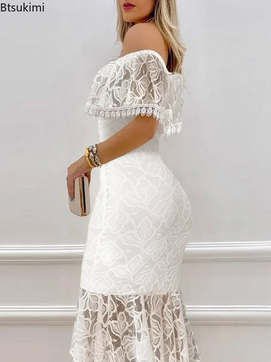 2024 Women's Elegant White Dress Off Shoulder Skinny Lace Mermaid Dress Female Chic Ruffle Hem Bodycon Dresses Women Club Dress