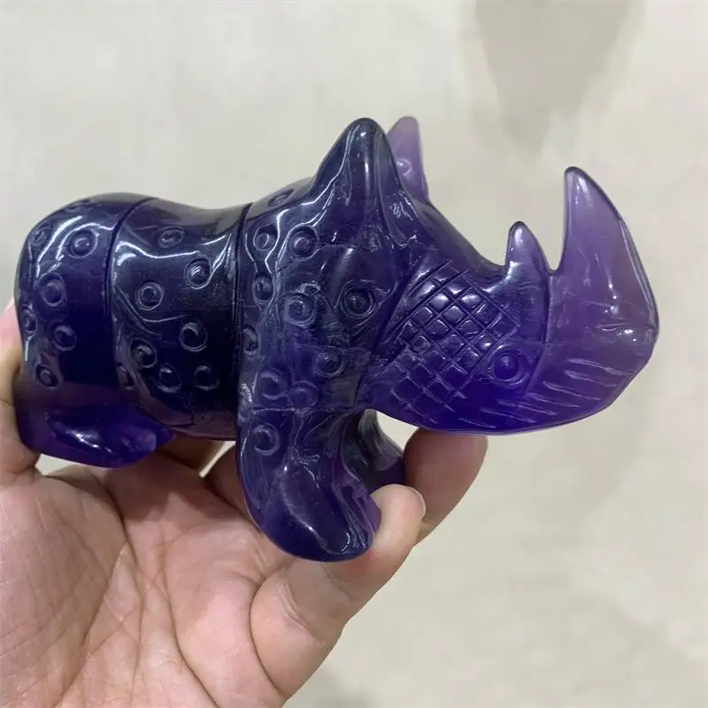 Natural Purple Fluorite Rhinoceros Carving Crystal Healing Reiki Statue Sculpture For Decoration Gift 1PCS