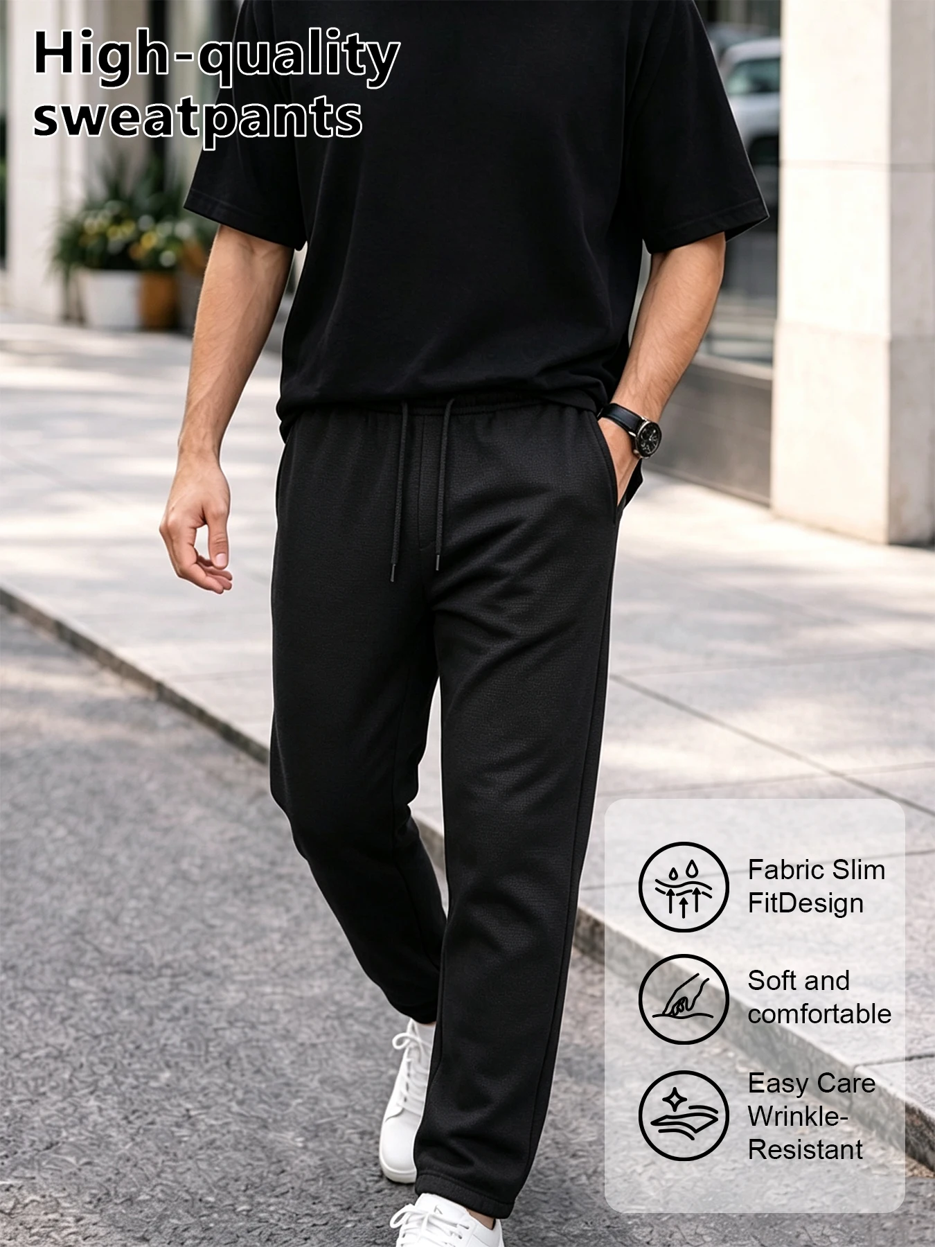 Men Waffle Textured Straight Jogger Sweatpants Elastic Drawstring Waist Flat Cuff Ankle Lightweight Breathable Wrinkle Resistant