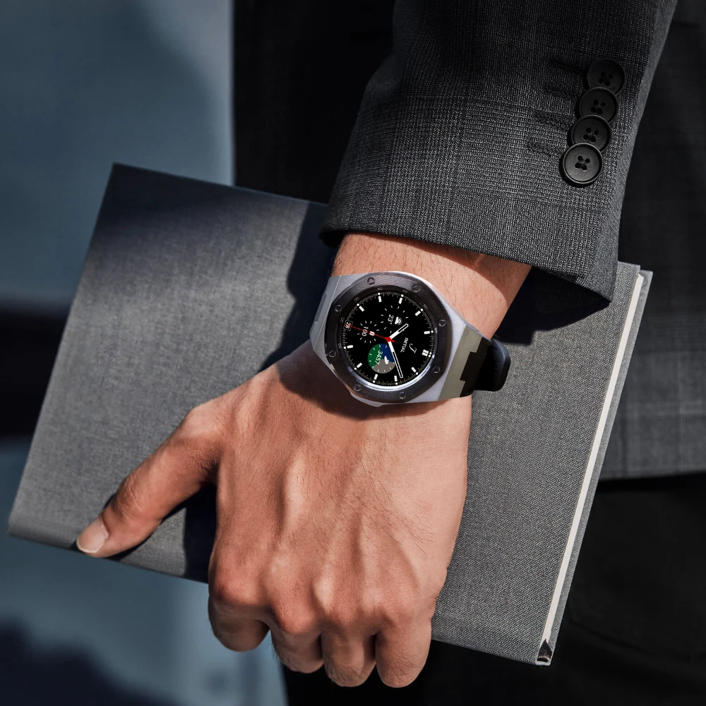 Retrofit Kit Strap for Samsung Galaxy Watch 4 Classic 46mm Stainless Steel Case for Samsung Watch 4Classic 46mm Rubber Wristband