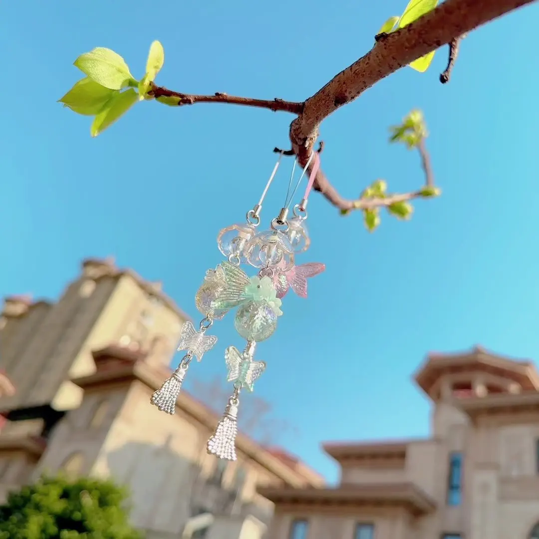 Fashion Sakura Fish Tail Wind Chime Beaded Phone Charm Pendant Fashionable Ornament Cell Phone Chain Keyring Strap Lanyard