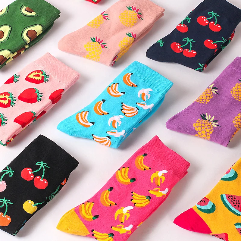 Unisex Women Men Socks Cotton Funny Happy Sock Cartoon Fruit Watermelon Strawberry Cherry Banana Pineapple Cotton Stocking