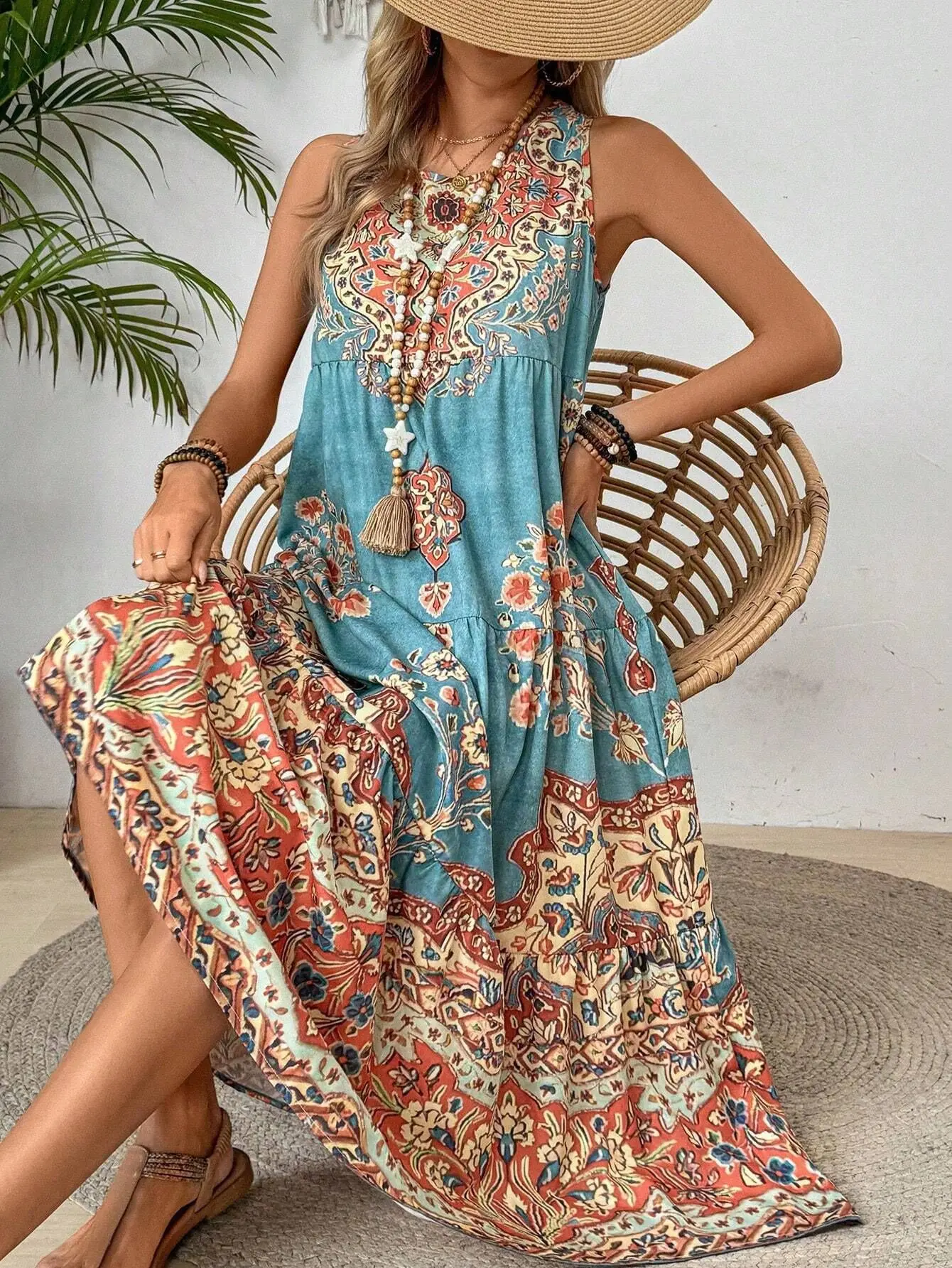 Damen Boho Ärmelloses Maxikleid Vintage Blumen Paisley-Druck Mehrlagiger Rüschensaum Lässiges Strand- und Urlaubskleid