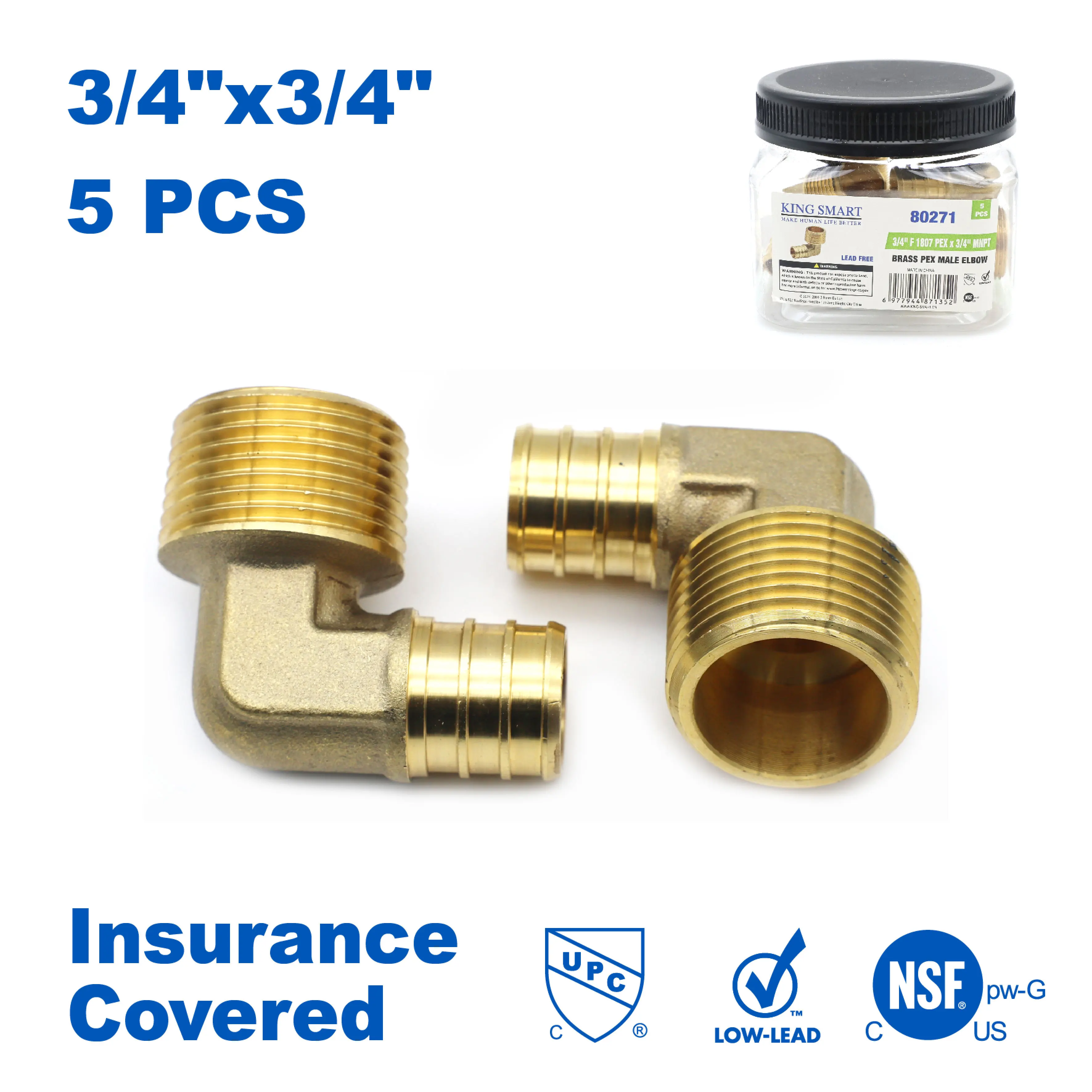 

KING SMART 3/4" F1807 PEX * 3/4" Переходное колено NPT; Бессвинцовая латунь; 5 шт./корпус; 80271
