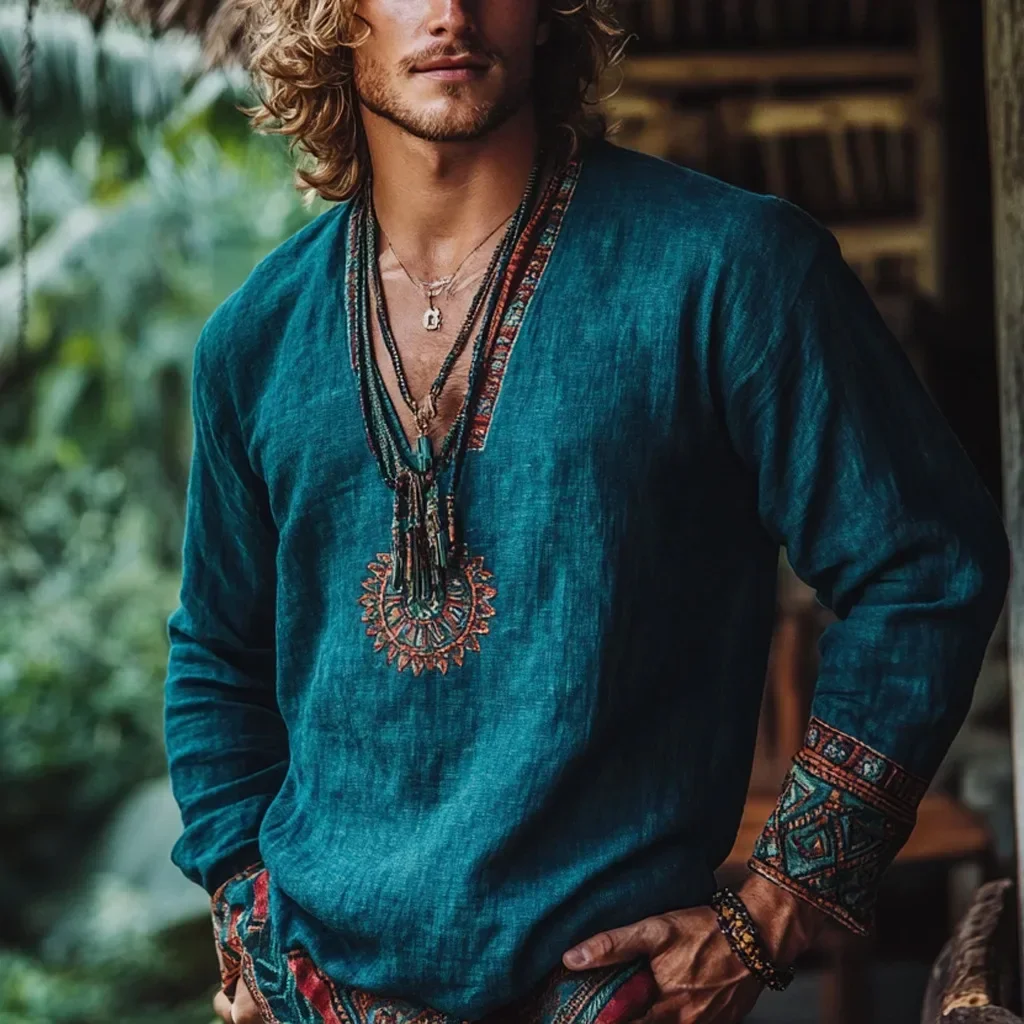 

Men's Bohemian Style Holiday Vacation Trend Retro Durable Printed Long Sleeved Shirt Plus Loose Casual Top Fashionable Versatile