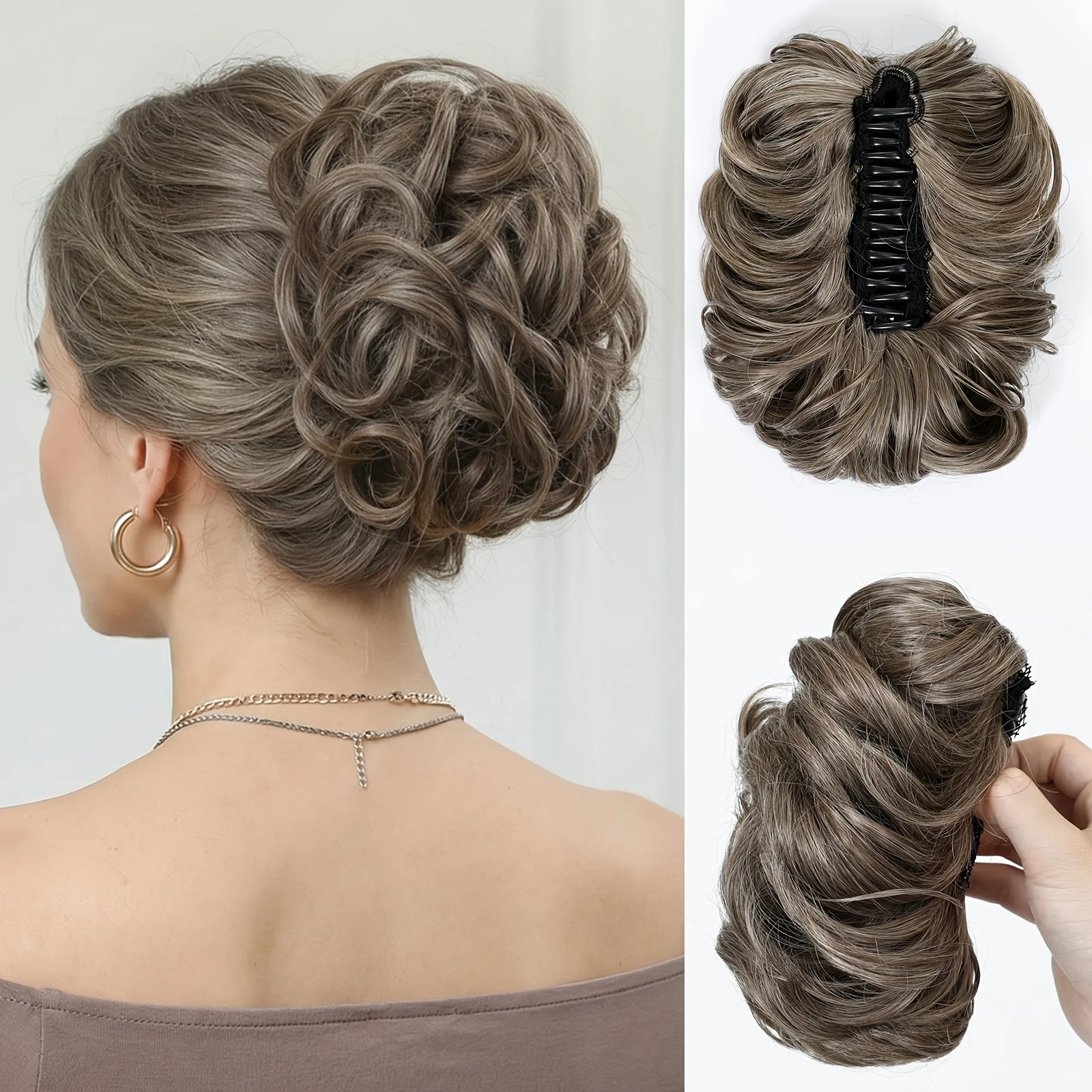 Gray curly claw clip ponytail synthetic wig piece - Women's voluminous synthetic hair accessory, easy-towear wig role-play updos