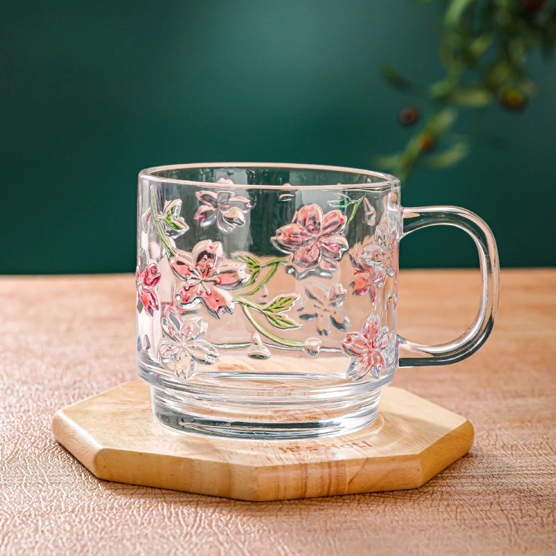 

460ml Romantic Cherry Blossom Glass Cup, High Aesthetic Relief Painted Juice Cup, Ladies' Drinking Cup with A Stylish Appearance