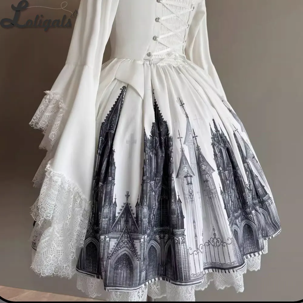 تنورة قوطية على شكل حرف A نافذة كاتدرائية مطبوعة تنورة لوليتا قصيرة بخصر مطاطي ~ المسافر الليلي من SUSIN #2