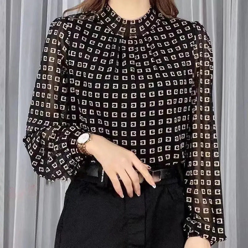 2024 Spring Autumn Commute Half High Collar Plaid Fashion Printed T-shirt Patchwork Female Clothing Long Sleeve Gauze Pullovers