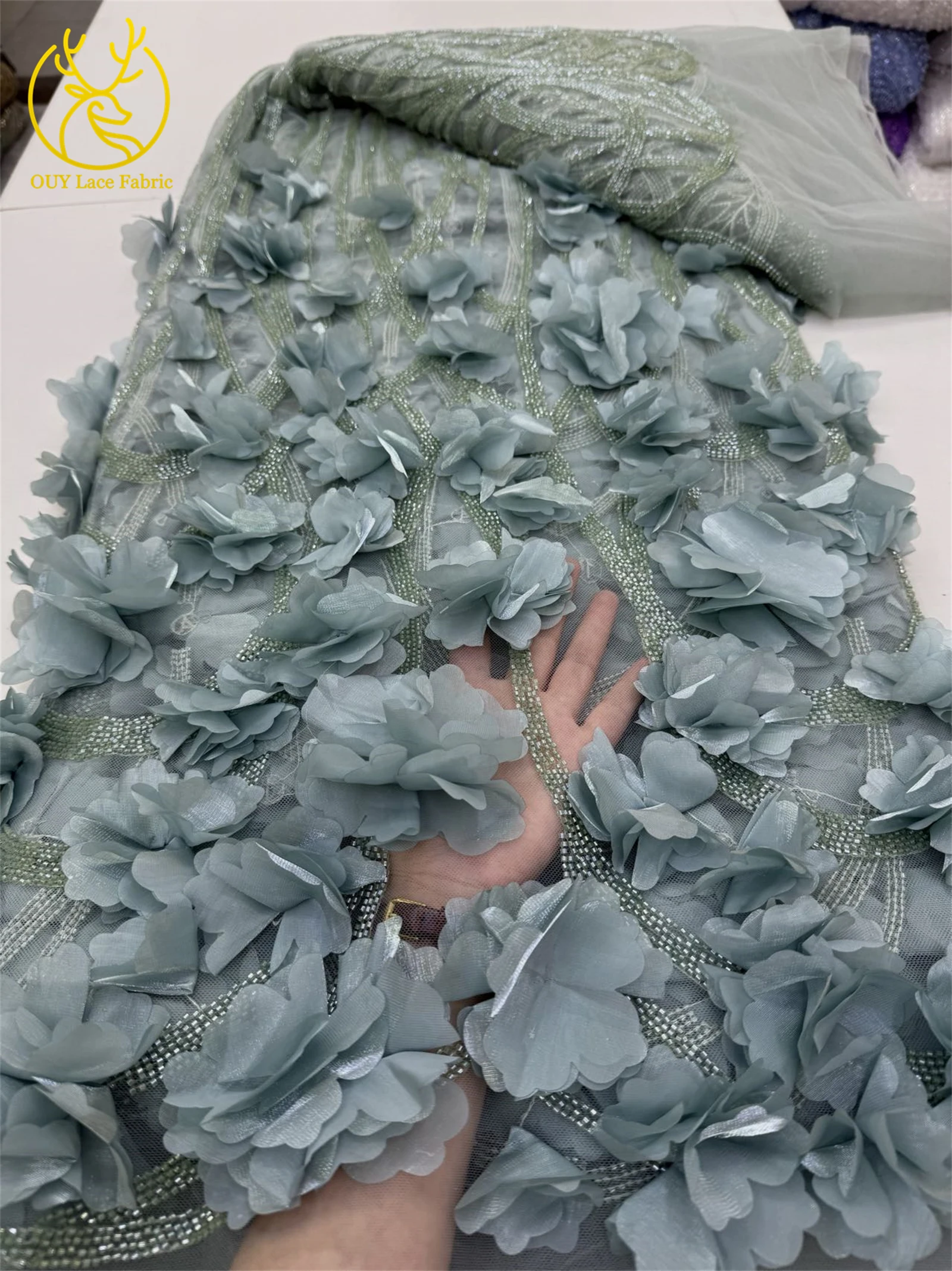 3D 花エレガントなビーズスパンコール刺繍フレンチブライダルチュールレースアフリカナイジェリア生地イブニングドレス結婚式 5 ヤード