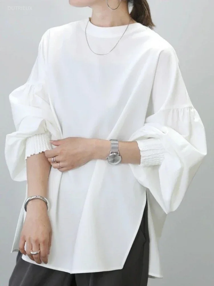 

Chic Loose White Blouse Women Casual Blouse Japanese Elegant Tops Lantern Sleeve Simple Solid Blusas Mujer 2025 New