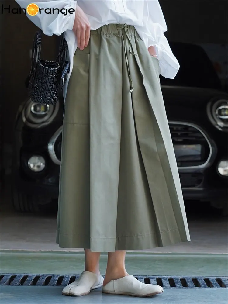 

HanOrange 2024 Spring Lazy High Waist Elastic Midi Skirt Loose Profile Simple Umbrella A-line Skirt Light Green/Dark Green