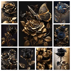 DIY 5D AB Diamond Painting Cross Stitch Black Gold Flower New Mosaic Embroidery Cross Stitch Wall Decoration Home Art Gift