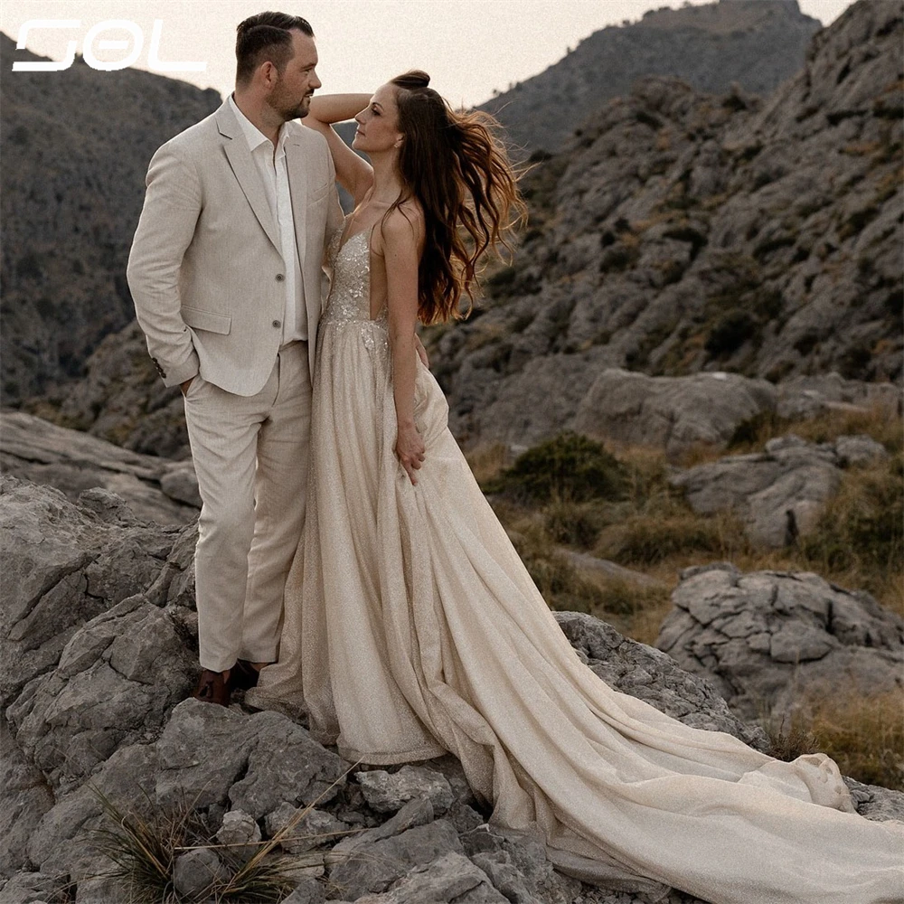 Vestido de novia con tirantes finos y escote en V profundo, traje de tul con Espalda descubierta, cola de barrido, Sexy, hecho a medida