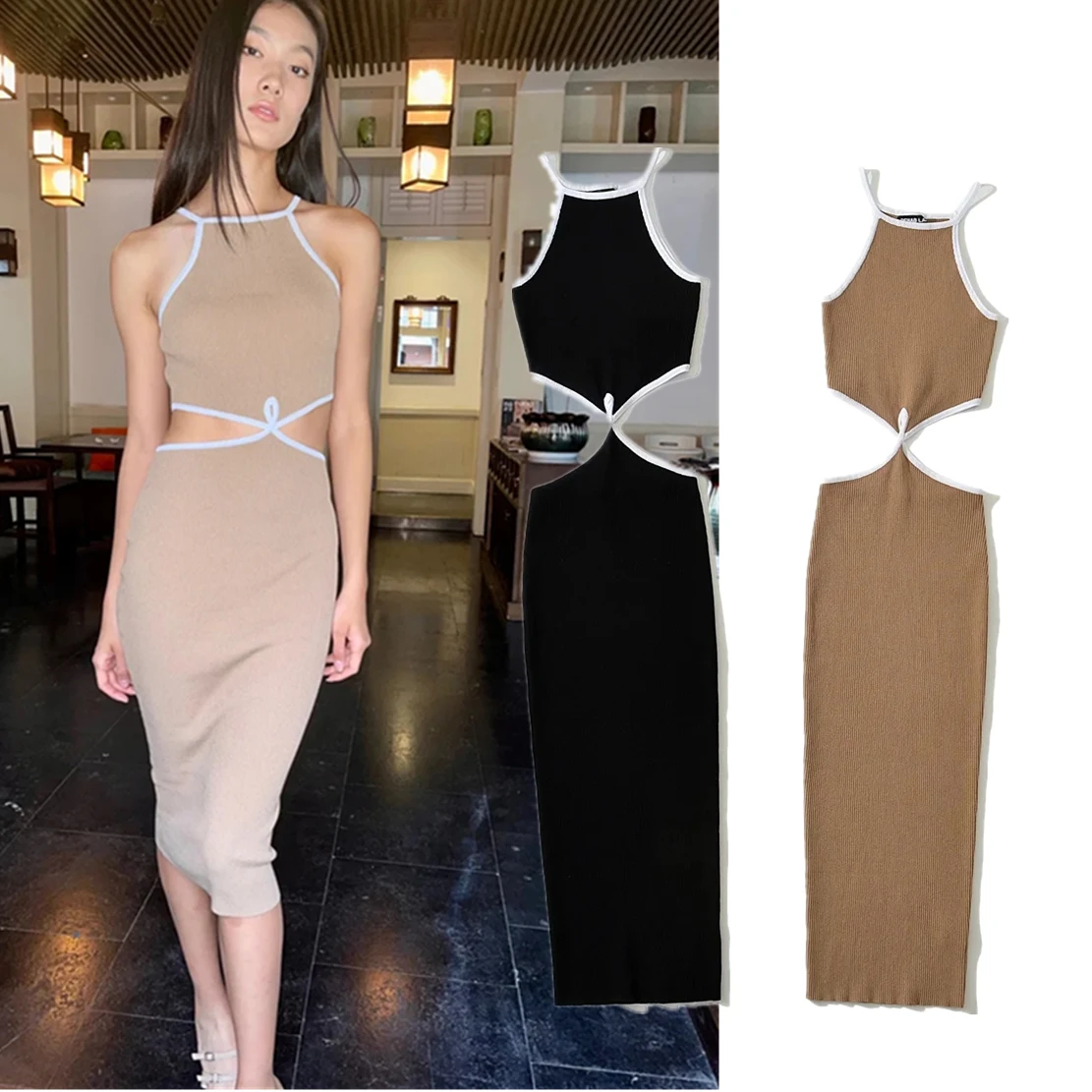 

Jenny&Dave Summer Sheath Color Contrast Sexy Suspender Dress Women French Style Vintage Hollow Out Knitted Dress Women