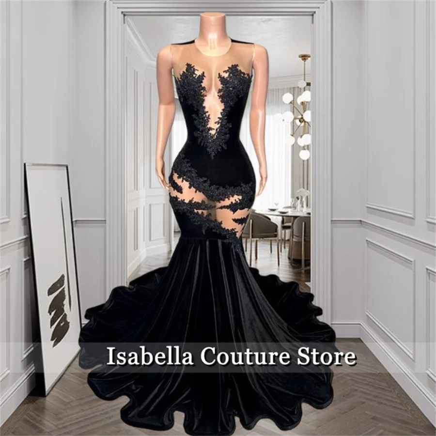 Luxury Black Velour Mermaid Party Dresses See-Thru Lace Applique Senior Prom Dress Birthday Gown Vestidos Customized