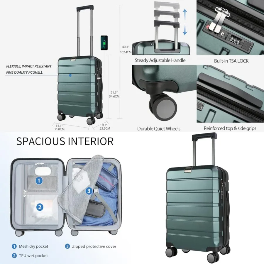 Hardside Expandable Carry On Luggage with Spinner Wheels and Built-in TSA Lock, Durable Suitcase Rolling Luggage with USB Port,