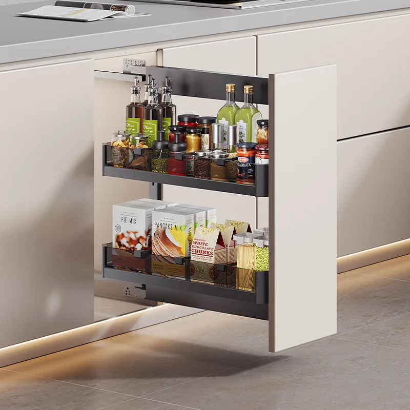 Kitchen Narrow Cabinet Side-mounted Basket Cabinet Side Crack Rack Aluminum Alloy Low Cabinet Seasoning Storage Damping Track