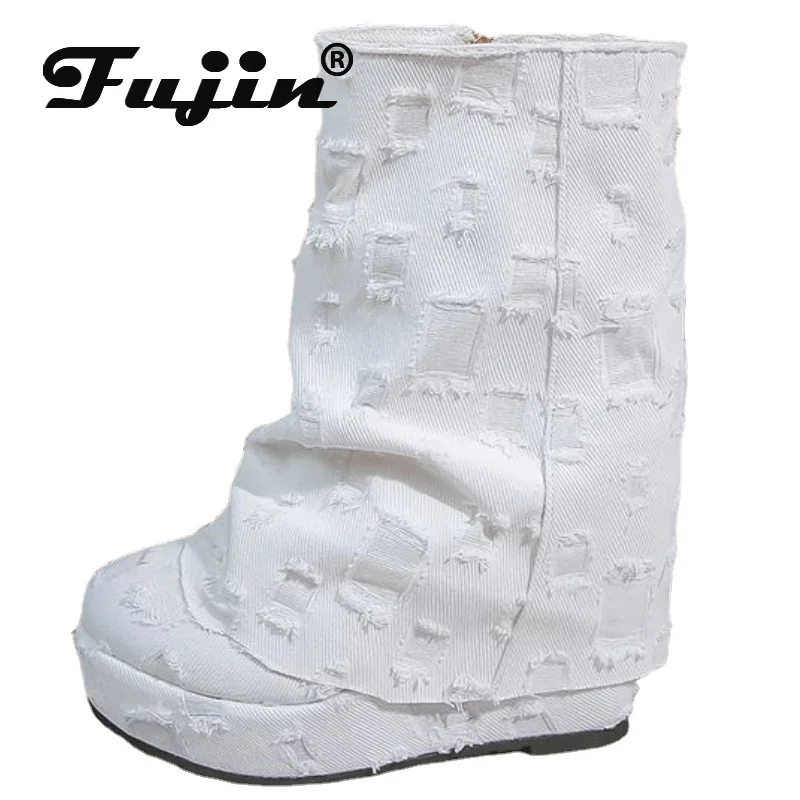 

Fujin 10cm 15cm 2024 Denim Cloth Women Spring Autumn Boots Platform Wedge Ankle Boots Knee High Fashion Shoes Women Botas Mujer