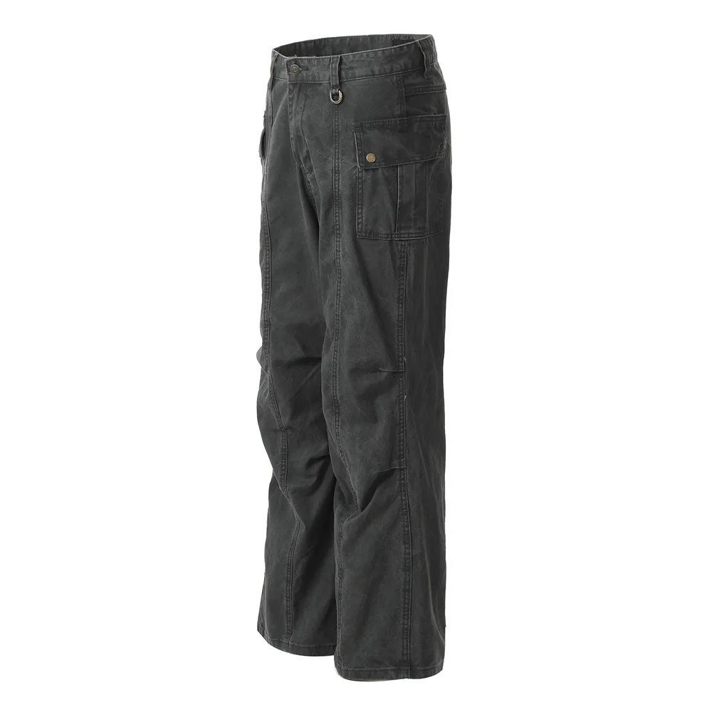 American High Street Men's Solid Color Casual Trendy Simple Basic Straight Spliced Cargo Trousers Vintage New Fashion Male Pants