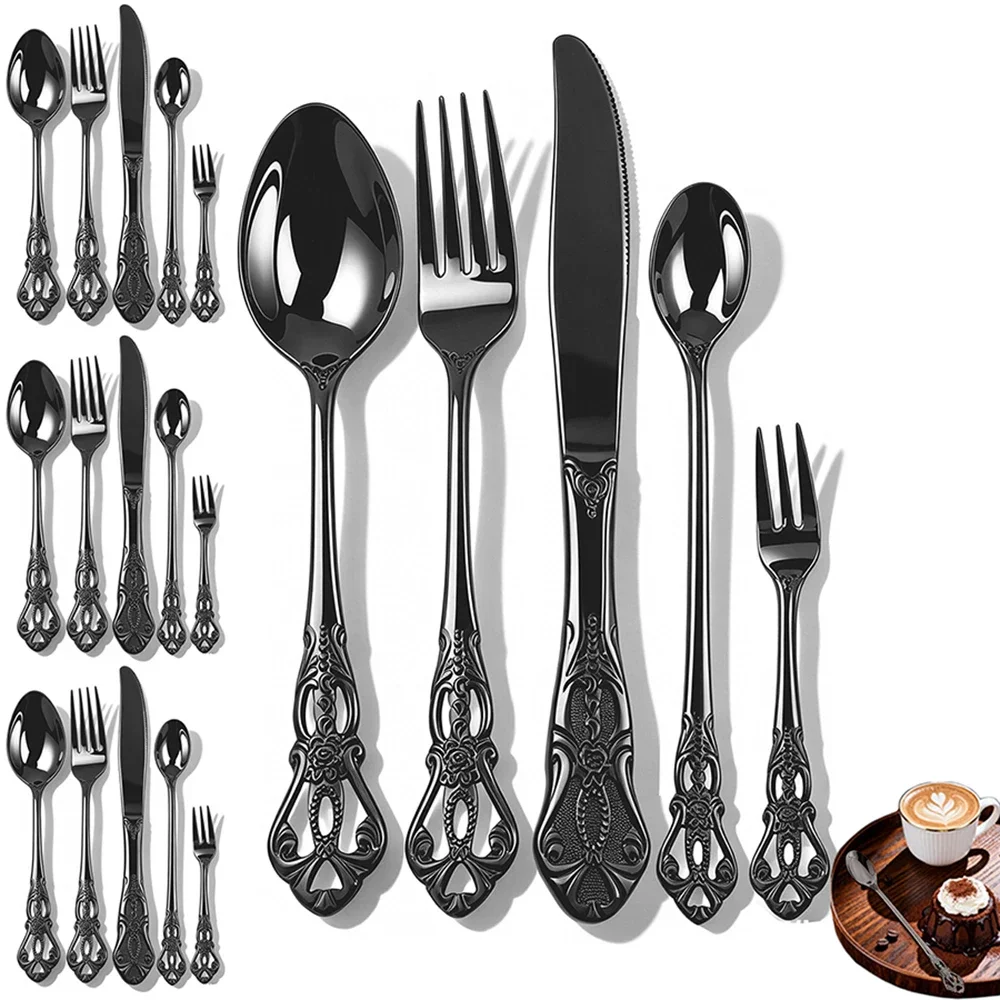 Vintage 20Pcs Black Tableware Set Stainless Steel Cutlery Knife Cake Fork Ice Spoon Dinnerware Kitchen Party Flatware Set