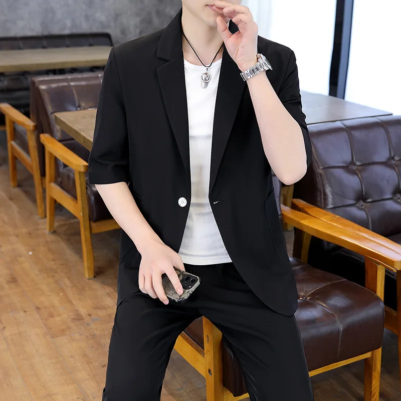 

6406-R-Short-sleeved suit trend summer v-neck Chinese summer casual men's summer dress new suit