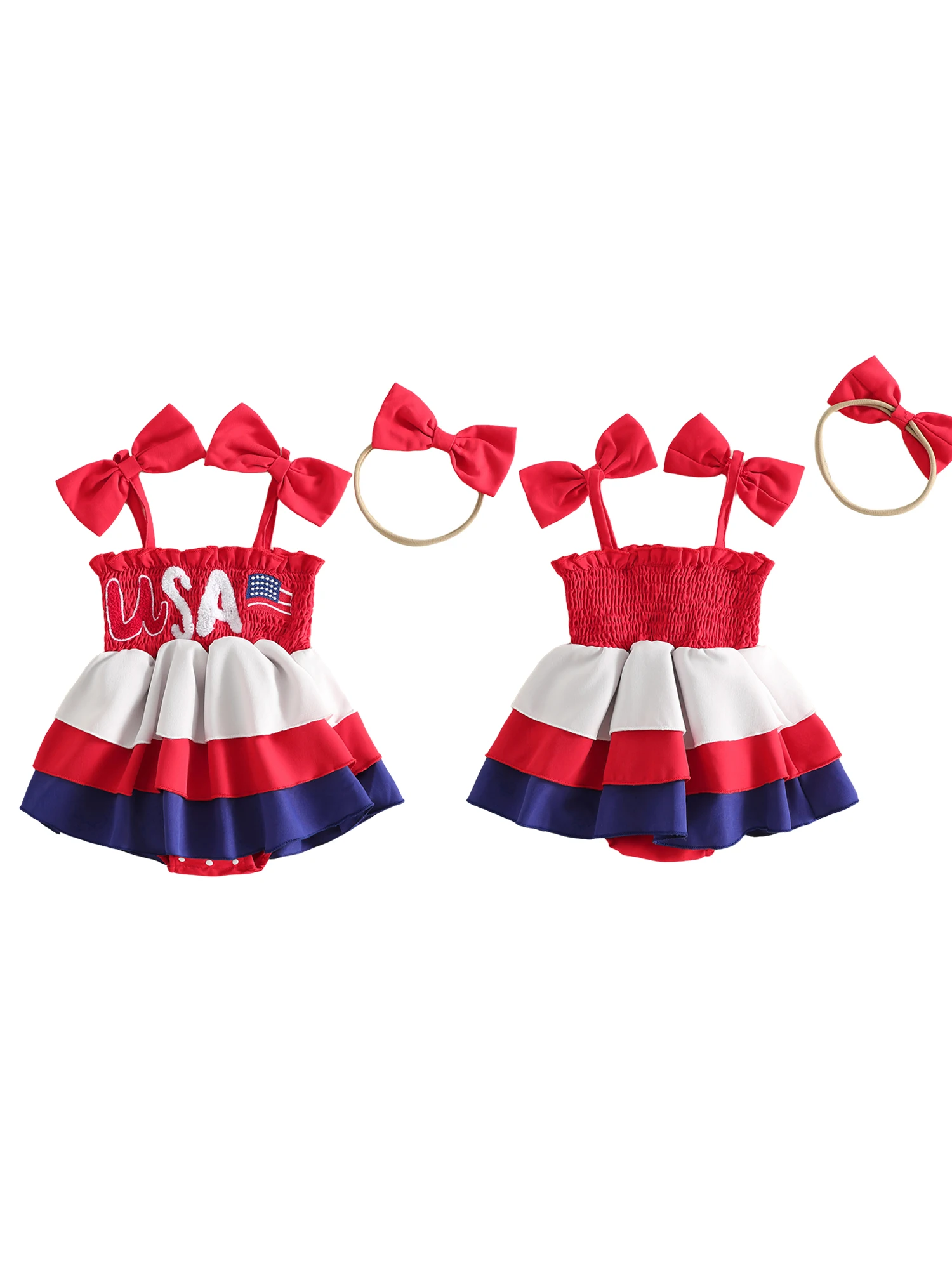 

Independence Day Toddler Girls Rompers American Flag Print Sleeveless Jumpsuits with Bow Headband and Ruffled Hem