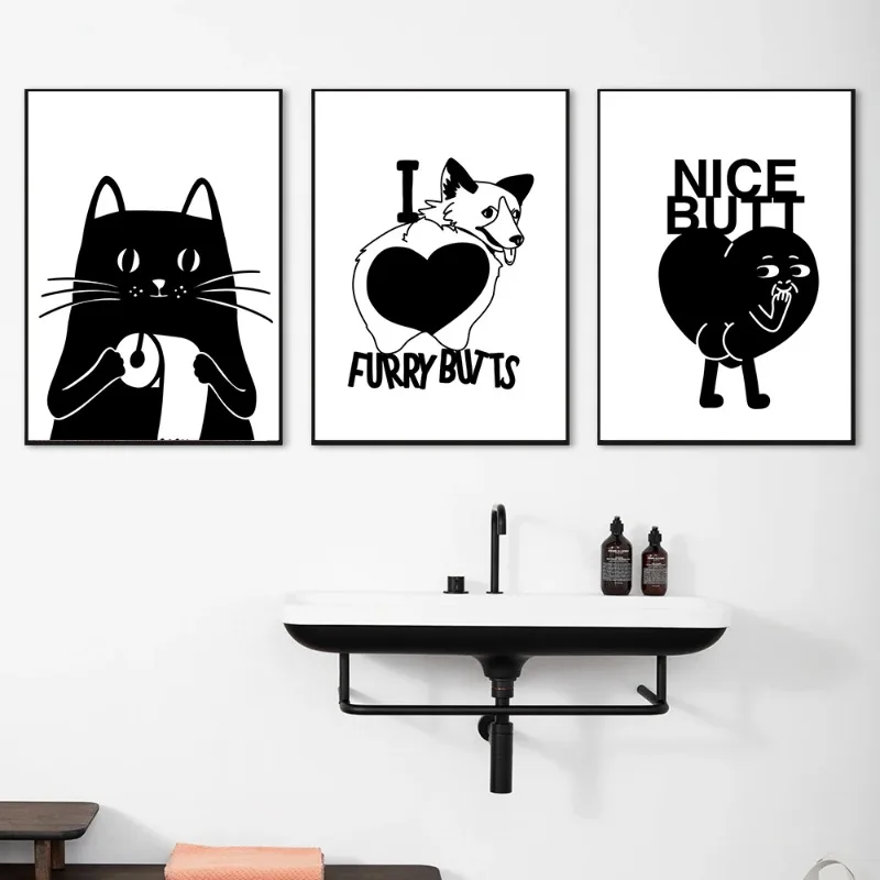 Funny Toilet Black White Cat Butt Women Tissue Posters Prints Canvas Printing Wall Art Picture for Living Room Bathroom Decor