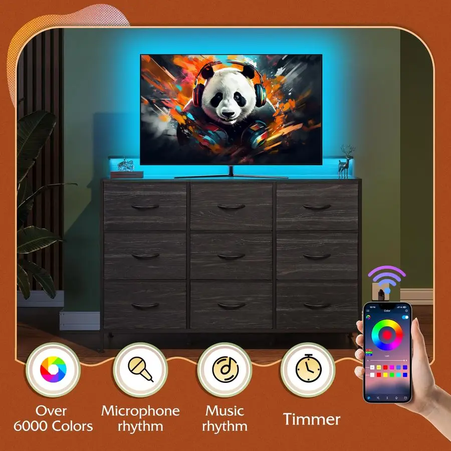 ตู้วางทีวีสีดำสำหรับทีวีขนาด 45, 50, 55 นิ้ว, ศูนย์รวมความบันเทิงพร้อมไฟ LED และแท่นชาร์จ, ตู้ลิ้นชัก