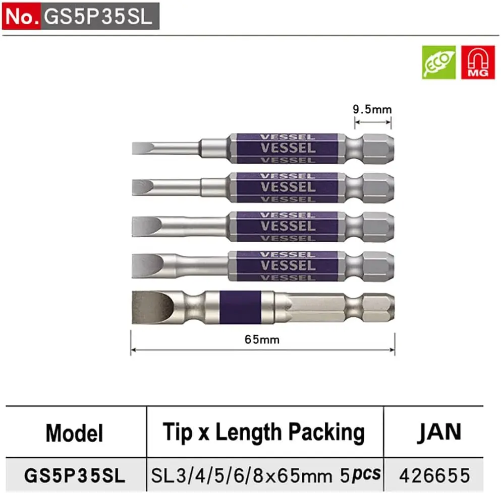 VESSEL 5Pcs Slotted Go-Sai Power Bits Set Opposite 6.35mm Tail Insertion Length 9mm for Impact Driver GS5P35SL Screwdriver Bit