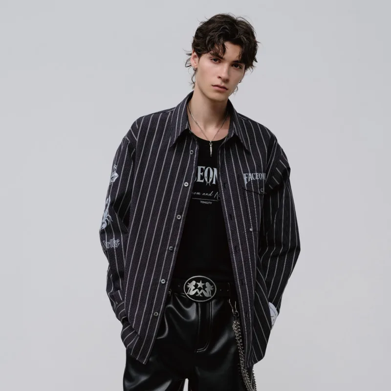 WVGA Spring Autumn New Man Tide Striped Trendy Long Sleeve Shirts Niche Chic Casual Printed Turn-Down Collar Tops Ins Y2K W20395