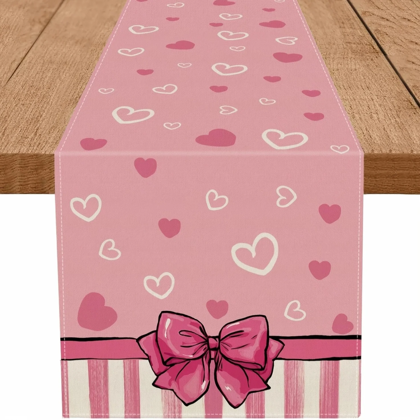 Valentinstag-Tischläufer aus Leinen – rosa Schleife, Liebesherz, mehrere Größen, für Küche, Esszimmer, Party-Dekoration
