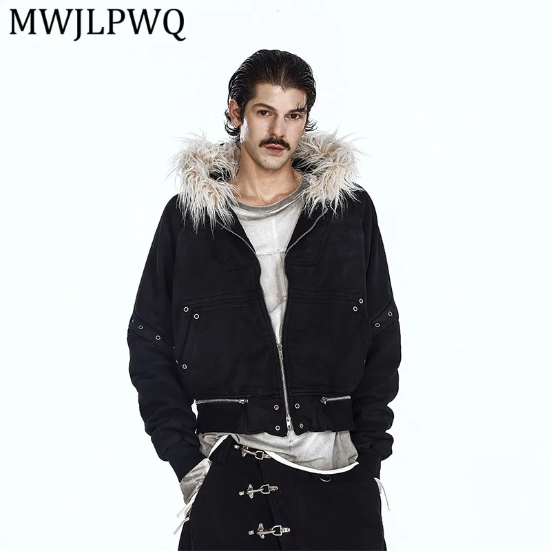 

MWJLPWQ Irregular Distressed Detachable Fur Collar Hooded Cotton Jacket Men's High Street Zipper Design Niched Short Tops 13771