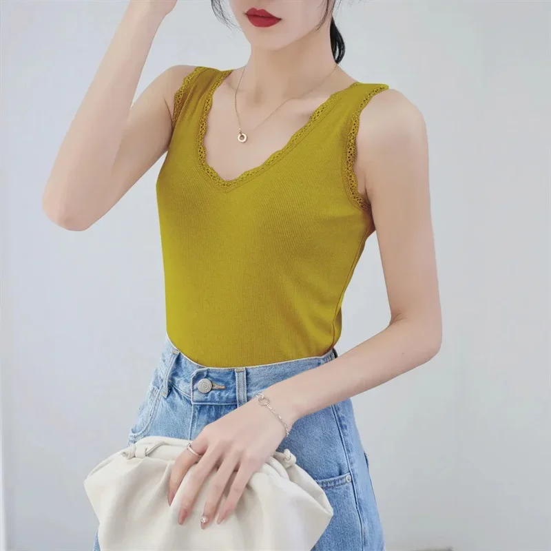 

Korean Women Fashion Large Size 5xl Vest Coat Summer Femme V-neck Waistcoat 2025 Ladies Solid Color Lace Sleeveless Tops