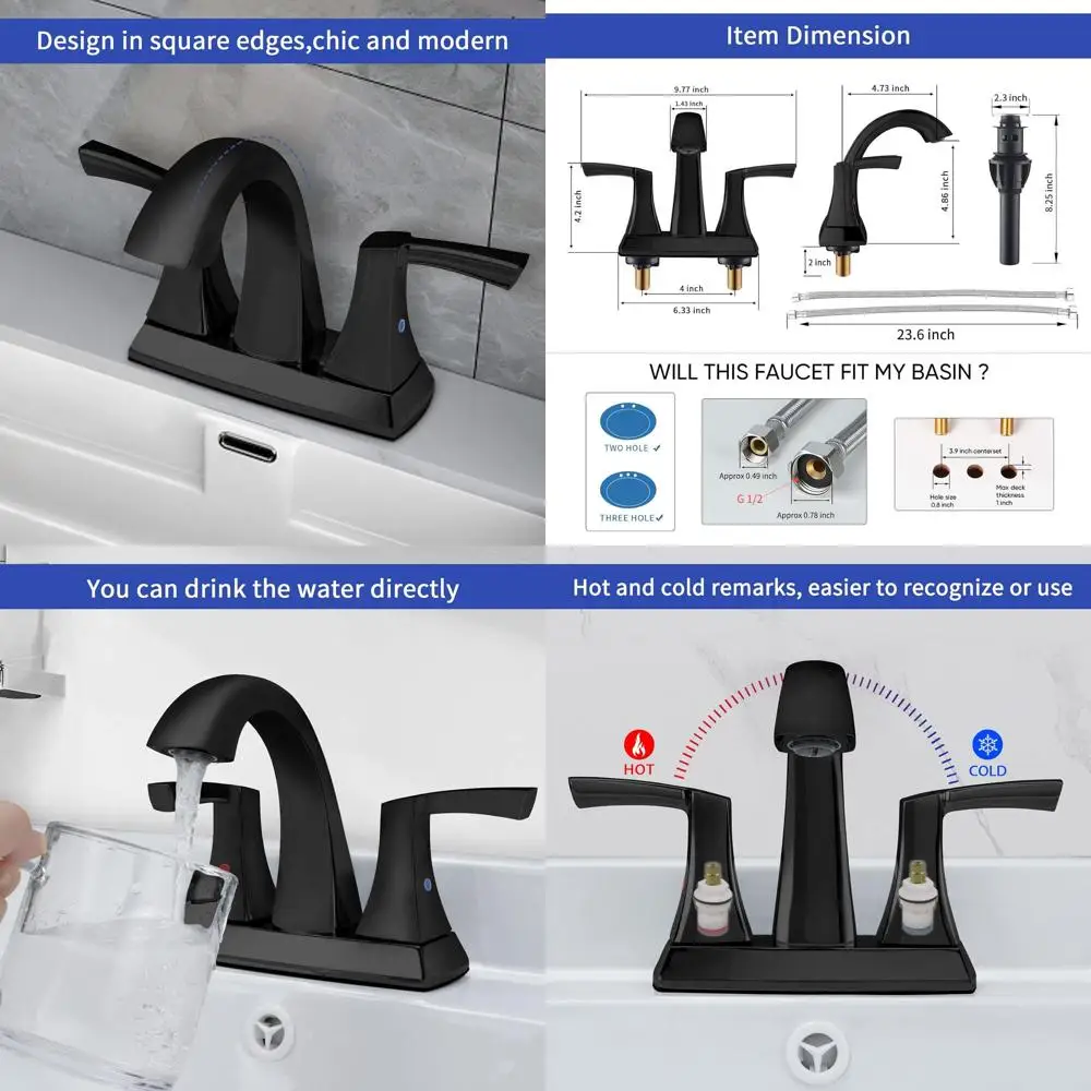 

2-Handle Matte Black Low Arc Centerset Bath Faucet with 4-Inch Centers, Pop-up Drain & Supply Lines