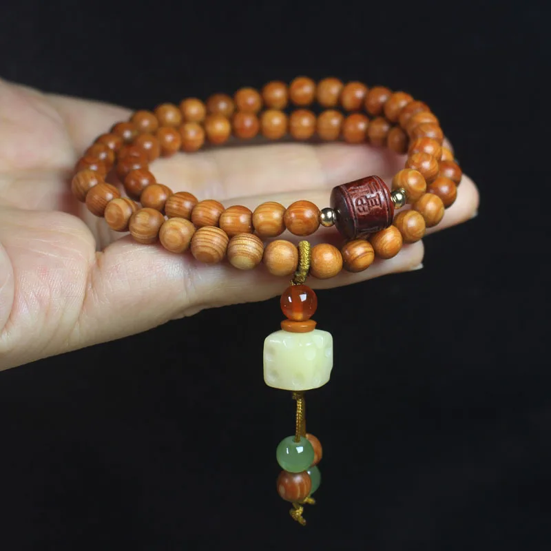 Banyan wood high-oil content double-ring bracelet with cheese pendant, forest-style Buddhist prayer beads for men and women, dec