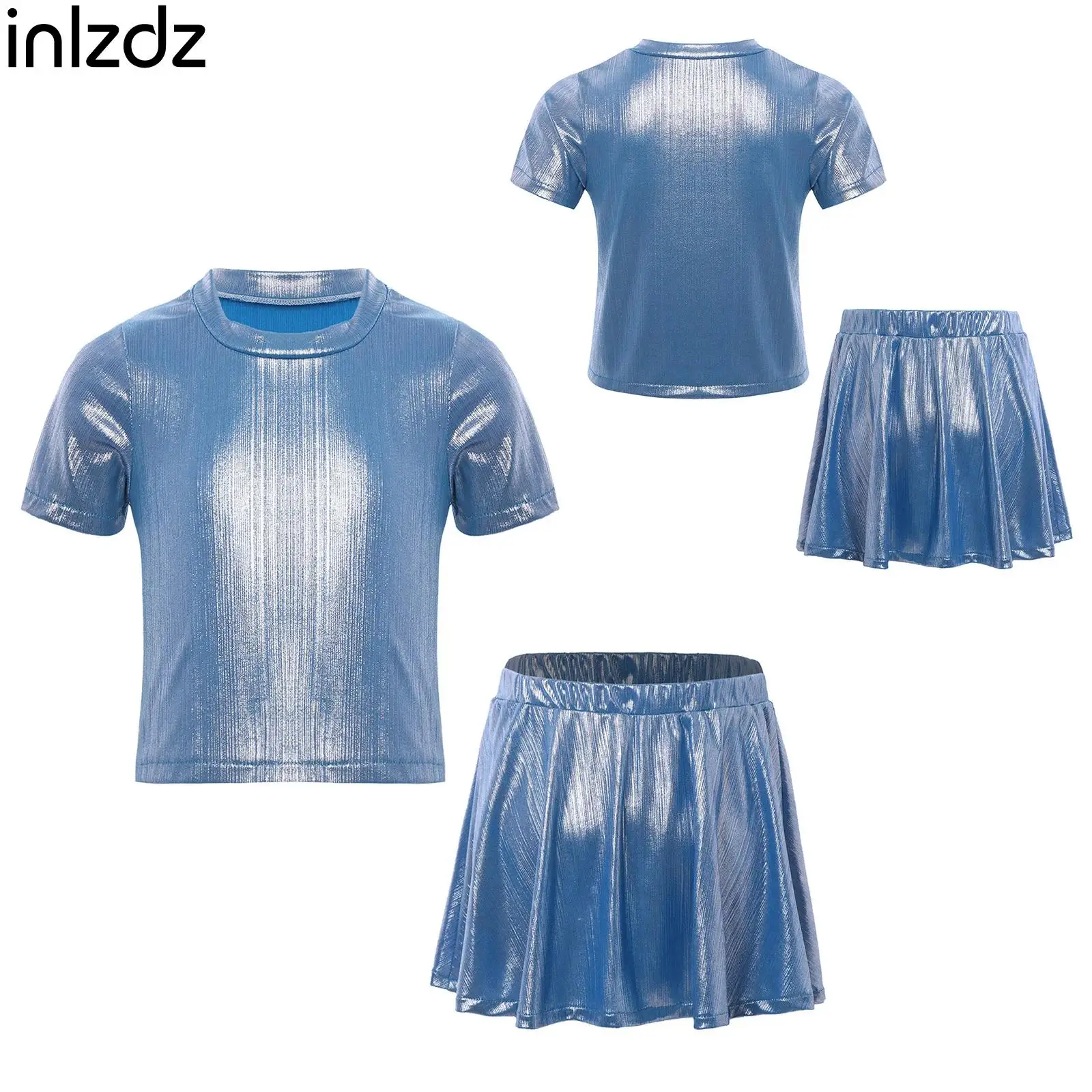 

New Girls 2 Pcs Hip-Hop Jazz Dance Set Short Sleeve Metallic Crop Top with Shimmery Ruffled Skirt for Performance Birthday Party
